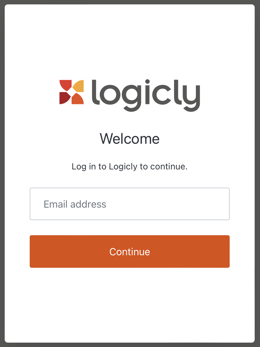 A screenshot of the new first login screen showing the Logicly logo, the words 'Welcome. Log in to Logicly to continue' followed by a text field that requires an email address and then a 'Continue' button.